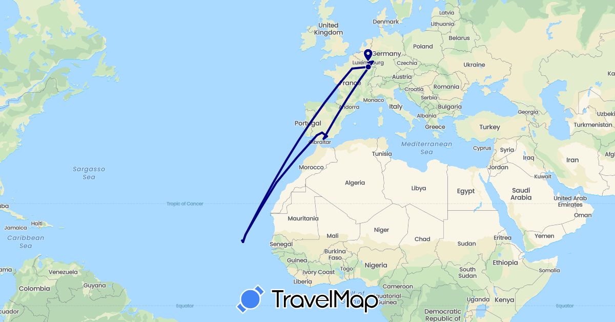TravelMap itinerary: driving in Cape Verde, Germany, Spain, France, Luxembourg (Africa, Europe)